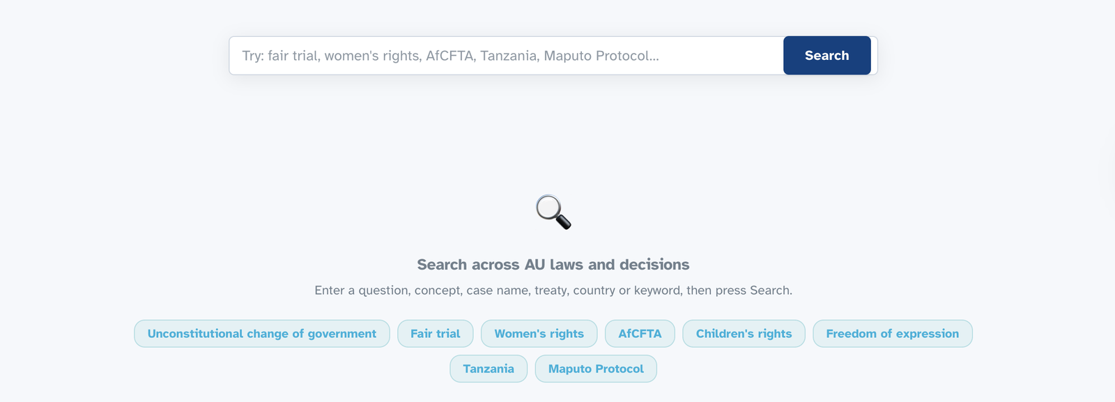 The Discover search bar with suggestions dropdown and topic buttons
