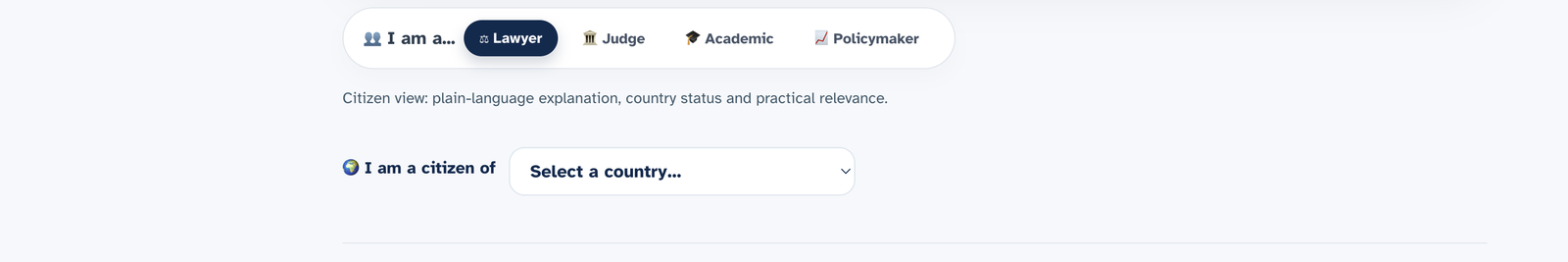 The role buttons and the citizen country selector on the Union Laws page.