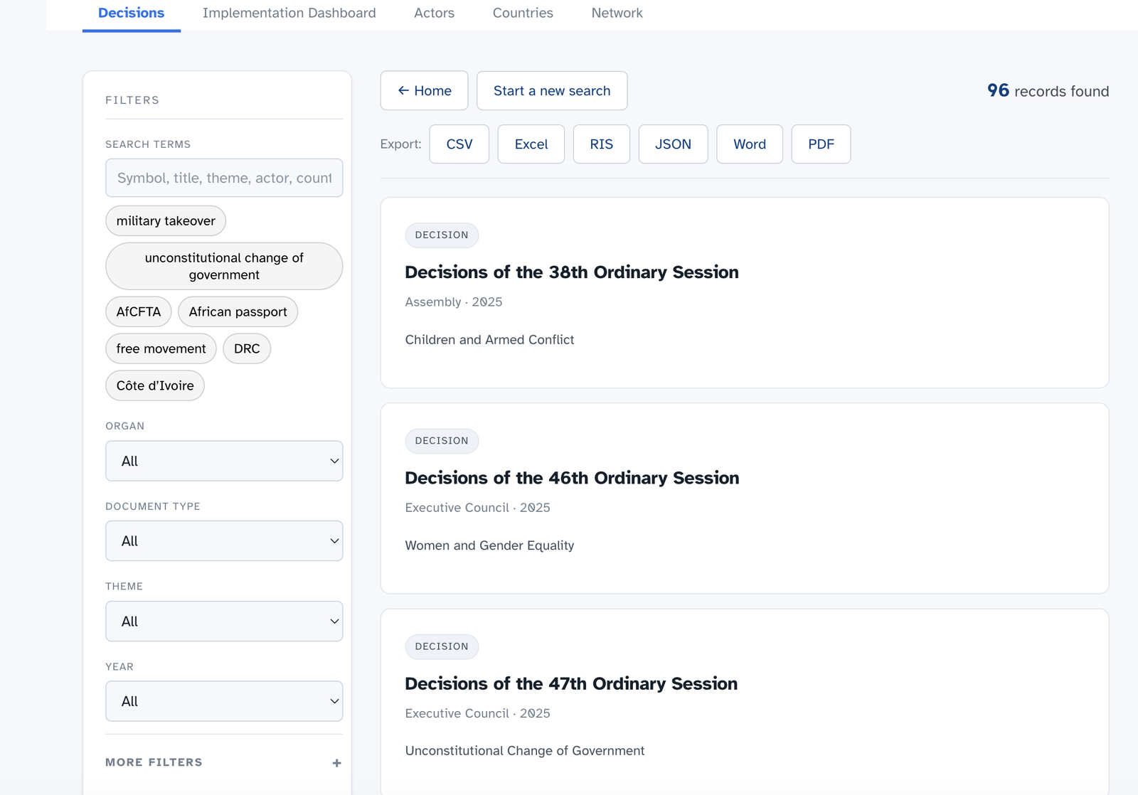 The AU Decisions tab showing search results grouped by type with the filter panel