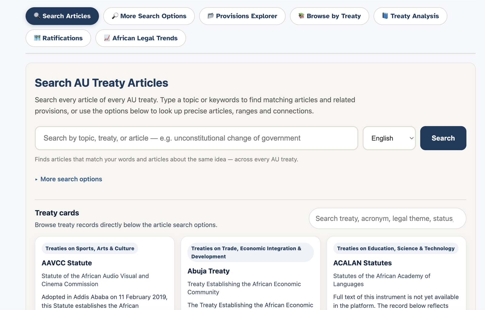 The Search AU Treaty Articles page.