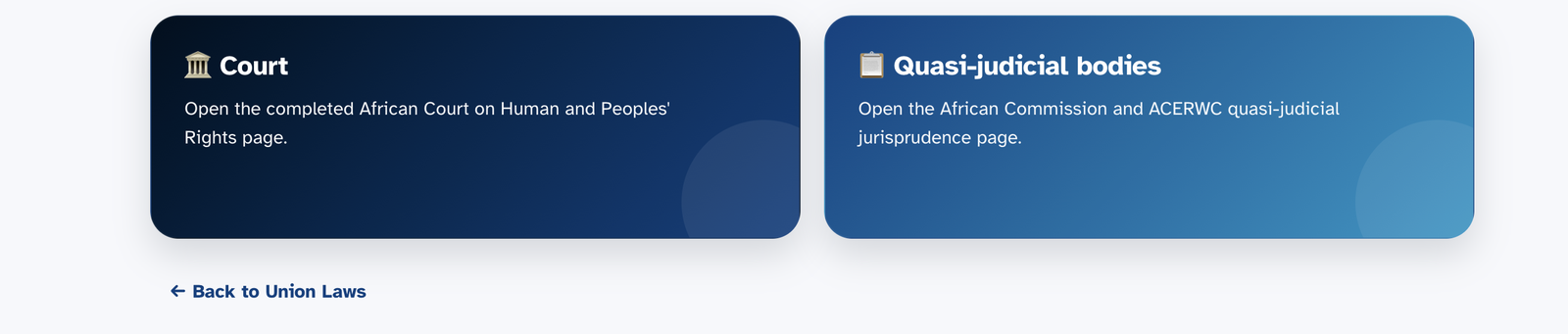 Some sections open up as you explore. Choosing Decisions of Treaty Bodies reveals two paths: the African Court, and the quasi-judicial bodies, namely the African Commission and the ACERWC.